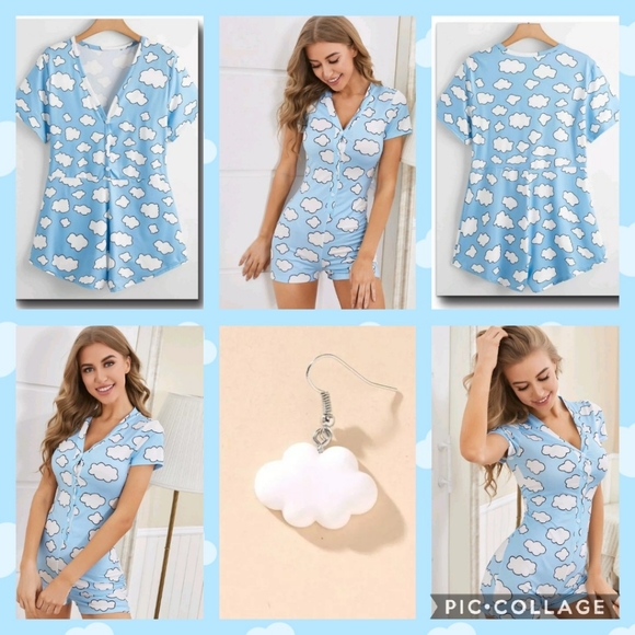 4X & 5X cloud print Pajama romper with Earrings - Picture 3 of 10